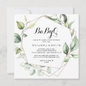 幾何学的エレガント金ゴールドBabyQベビーシャワーバーベキュー 招待状 (正面)