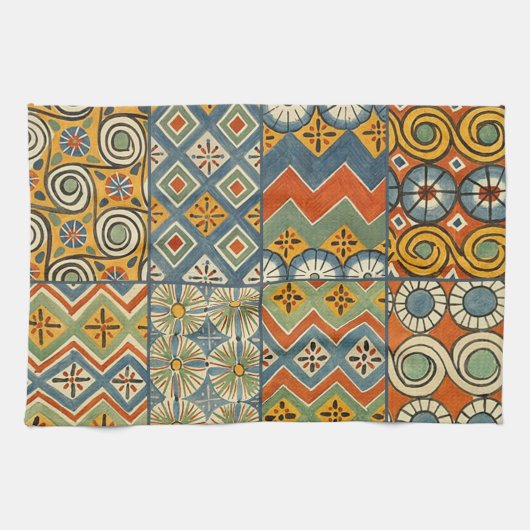 幾何学的カラフルアンティークエジプトグラフィックアート キッチンタオル (横)