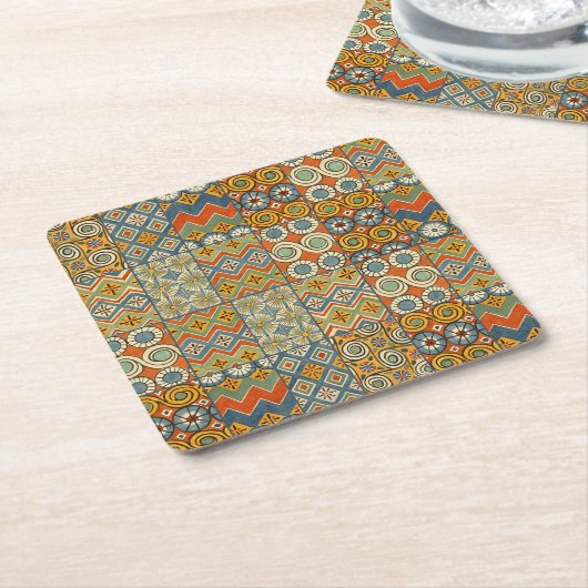 幾何学的カラフルアンティークエジプトグラフィックアート スクエアペーパーコースター (アングル)