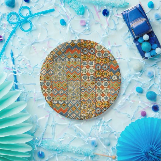 幾何学的カラフルアンティークエジプトグラフィックアート ペーパープレート (パーティー)