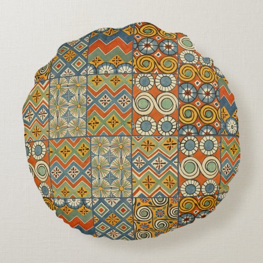 幾何学的カラフルアンティークエジプトグラフィックアート ラウンドクッション (裏面)
