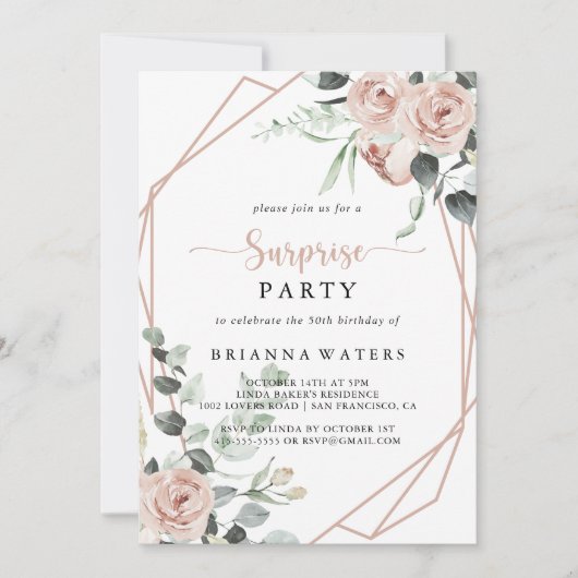 幾何学的クラシックほこりっぽいピンクローズサプライズパーティー 招待状 (正面)