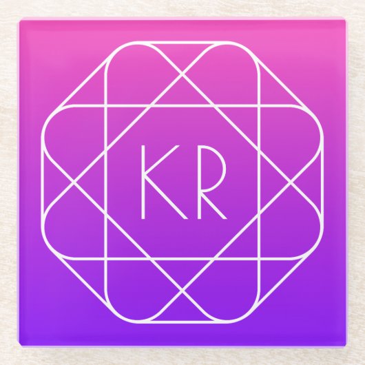 幾何学的クールモノグラム |マゼンタ紫バイオレット ガラスコースター (正面)