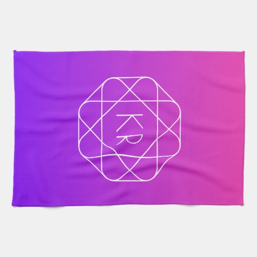 幾何学的クールモノグラム |マゼンタ紫バイオレット キッチンタオル (横)