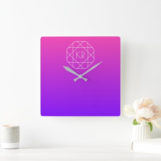 幾何学的クールモノグラム |マゼンタ紫バイオレット スクエア壁時計 (ホーム)