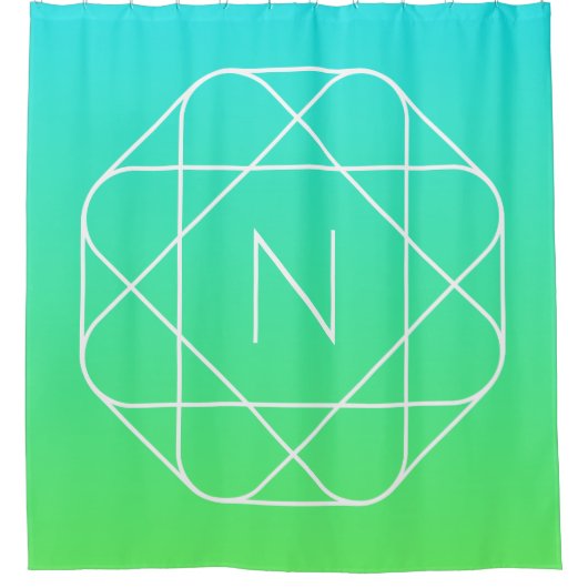 幾何学的クールモノグラム |青とライムグリーングラデーション シャワーカーテン (正面)