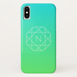 幾何学的クールモノグラム 青とライムグリーングラデーション iPhone X ケース