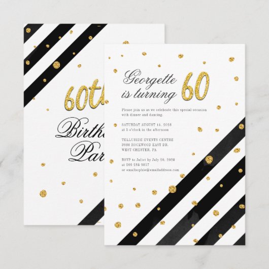 幾何学的グリッター白黒ストライプ60番目誕生日 招待状 (正面/裏面)