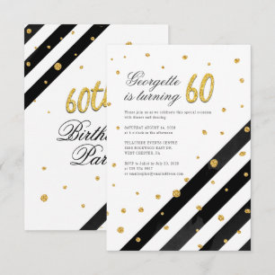 幾何学的グリッター白黒ストライプ60番目誕生日 招待状