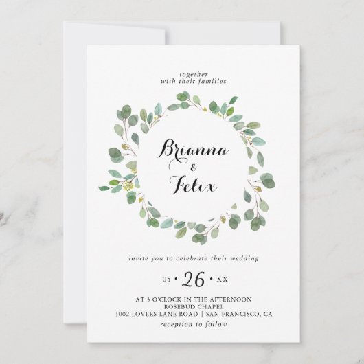 幾何学的グリーンユーカリリース結婚ズ 招待状 (正面)