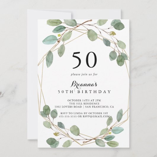 幾何学的グリーンユーカリ50th誕生日パーティー 招待状 (正面)