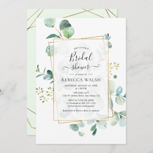 幾何学的グリーンリーユーカリブライダルシャワー 招待状 (正面/裏面)