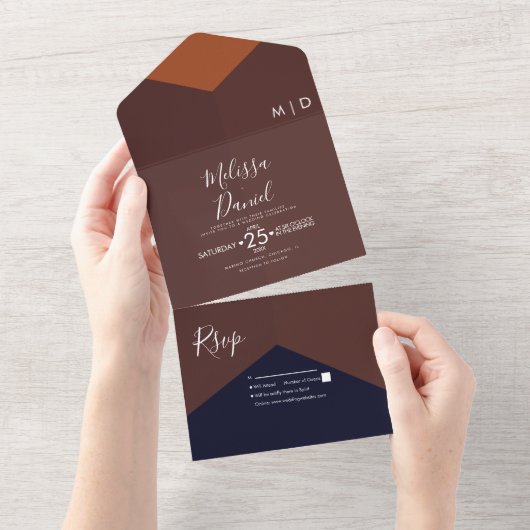 幾何学的シェイプ ダークトーンのウェディング オールインワン招待状 (貼ってはがせる)