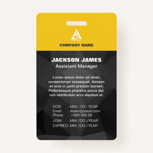 幾何学的シックなブラックとイエローの会社IDカード バッジ (裏面)