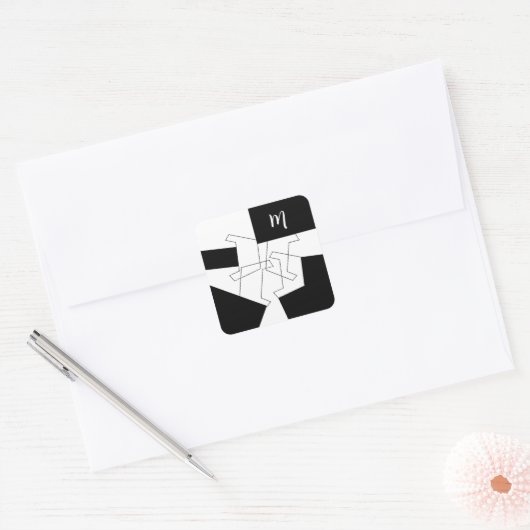 幾何学的シックな白黒パターモノグラムのン スクエアシール (封筒)