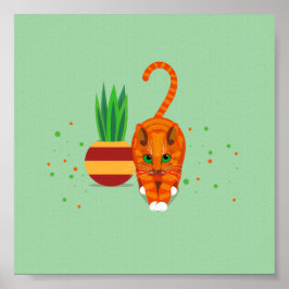 幾何学的ジンジャーキャット歩く過去植物ポットポスト ポスター