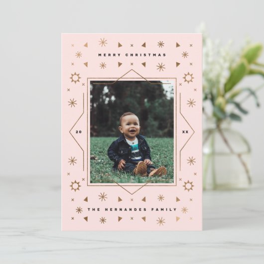 幾何学的スノーフレークモダンおもしろいホリデーフォトカード シーズンカード (スタンド正面)