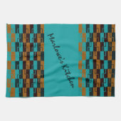 幾何学的ターコイズと茶色 キッチンタオル (横)