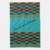 幾何学的ターコイズと茶色 キッチンタオル (縦)