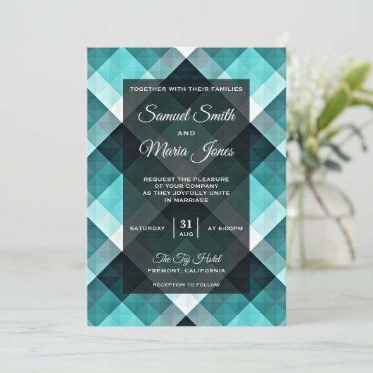 幾何学的ターコイズ抽象芸術結婚式招待状 招待状 (スタンド正面)