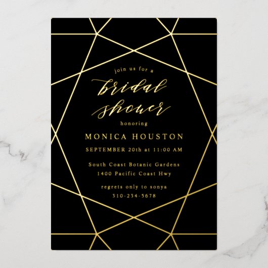 幾何学的ダイヤエレガントモンド黒ブライダルシャワー金ゴールド 箔招待状 (正面)