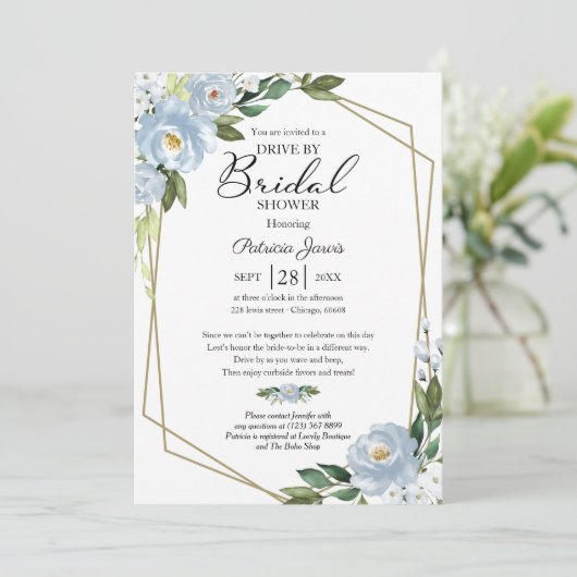 幾何学的ダスティブルーフローラドライブバイブライダルシャワー 招待状 (スタンド正面)