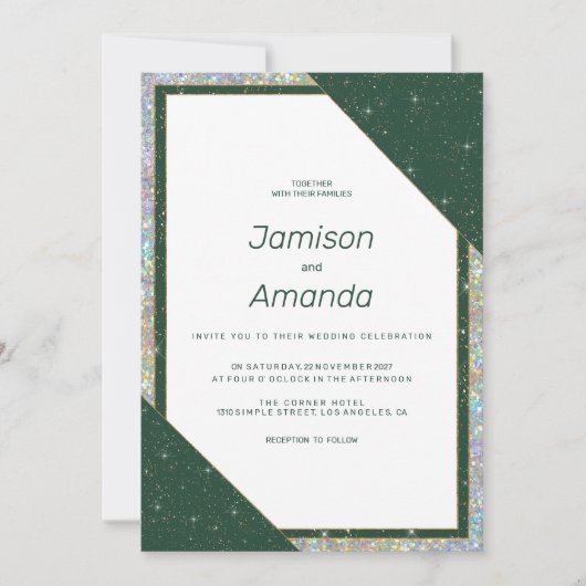 幾何学的ダークグリーン金ゴールド輝くグリッター結婚ズ 招待状 (正面)