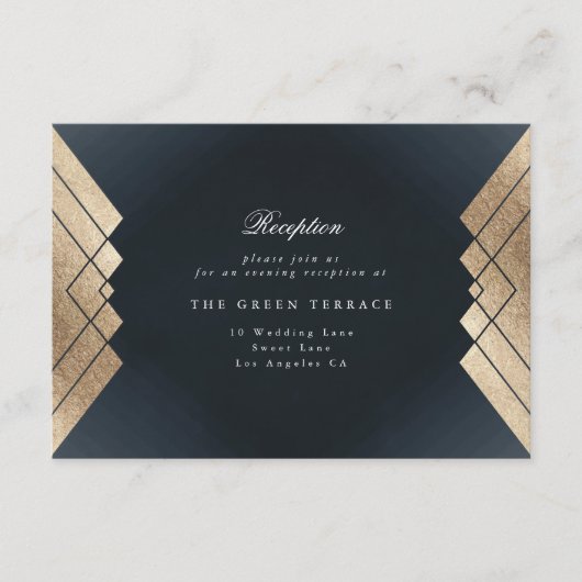 幾何学的ダークネイビー金ゴールドギャツビーウェディングレセプション エンクロージャーカード (正面)