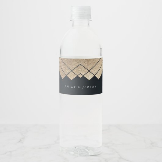 幾何学的ダークネイビー金ゴールド結婚ギャツビー ペットボトルラベル (正面)