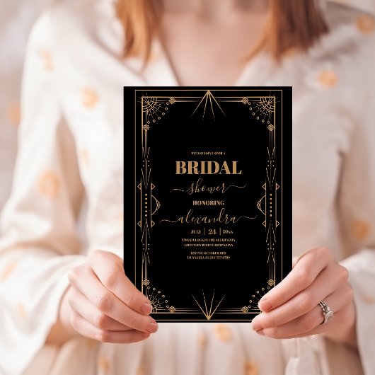 幾何学的ダークブラック金ゴールドギャツビーブライダルシャワー 招待状