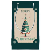 幾何学的ツリーレトロ付きクリスマスカードデザイン スモールペーパーバッグ (正面)