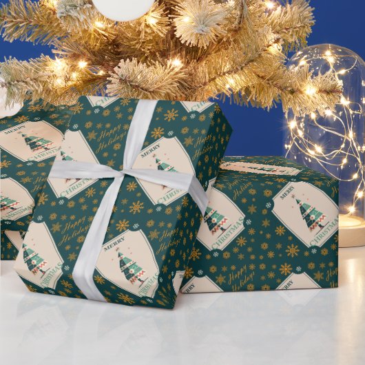 幾何学的ツリーレトロ付きクリスマスカードデザイン ラッピングペーパー (クリスマス)