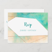 幾何学的ティール(緑がかった色)とピーチウォーター色RSVP | インビテーションポストカード (正面/裏面)