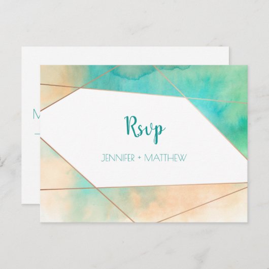幾何学的ティール（緑がかった色）とピーチウォーター色RSVP | インビテーションポストカード (正面/裏面)