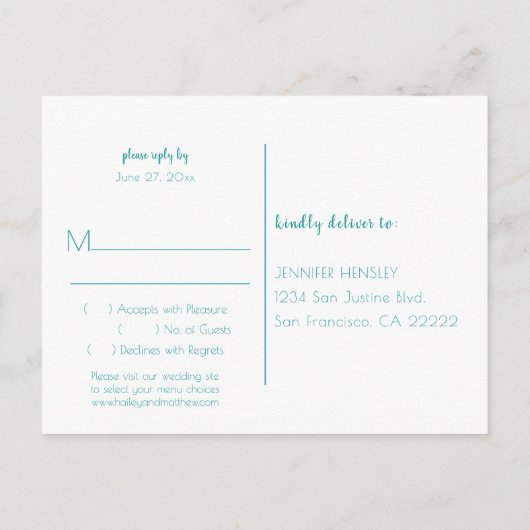 幾何学的ティール（緑がかった色）とピーチウォーター色RSVP | インビテーションポストカード (裏面)
