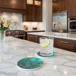 幾何学的ティール（緑がかった色）と金ゴールド砂岩コースター コースター