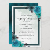 幾何学的ティール(緑がかった色)と黒結婚式招待状 招待状 (正面/裏面)