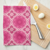 幾何学的デイジー模様のコーラルとパステルピンク キッチンタオル (四つ折り)