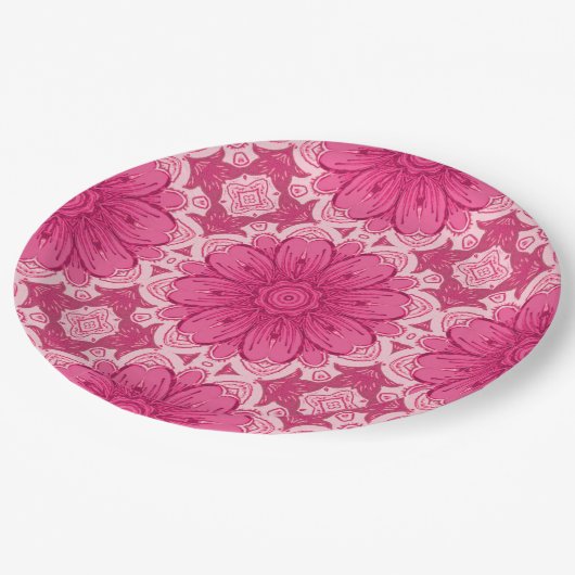 幾何学的デイジー模様のコーラルとパステルピンク ペーパープレート (アングル)
