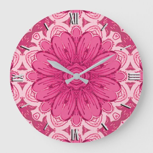 幾何学的デイジー模様のコーラルとパステルピンク ラージ壁時計 (正面)