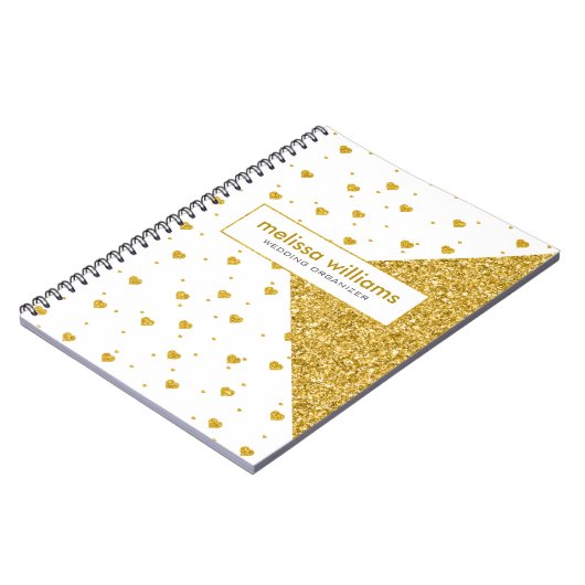 幾何学的デザインと白および金ゴールドハートパターン ノートブック (左側)