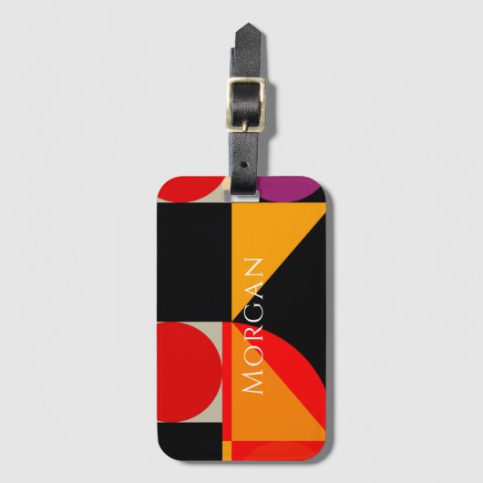 幾何学的デザイン、名前、赤、黒、オレンジ、紫 ラゲッジタグ (正面縦)