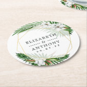 幾何学的トロピカルランビーチ結婚式 ラウンドペーパーコースター (アングル)