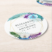 幾何学的トロピカルランビーチ結婚式 ラウンドペーパーコースター (アングル)