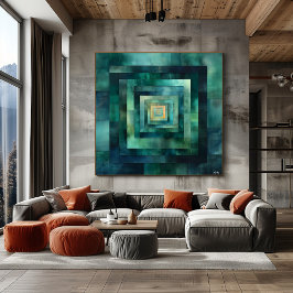 幾何学的トンネル抽象芸術アート – ティール（緑がかった色）と緑 ポスター