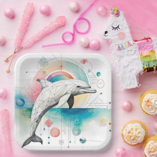 幾何学的ドルフィンアート紙プレート- 9インチスクエア ペーパープレート (パーティー)