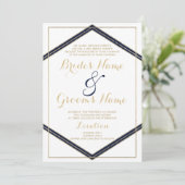 幾何学的ネイビーブルー金ゴールドホワイト結婚ズ 招待状 (スタンド正面)