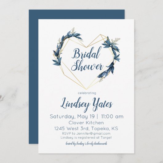 幾何学的ハートブライダルシャワー招待 招待状 (正面/裏面)