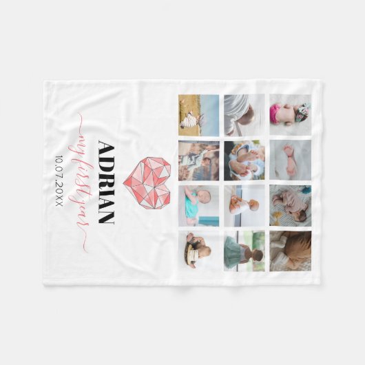 幾何学的ハートベビーの初年度フォトコラージュ フリースブランケット (正面(横))