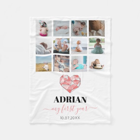 幾何学的ハートベビーの初年度フォトコラージュ フリースブランケット (正面)